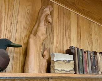Vintage Duck Decoy, Cypress Root and pair of Sandstone Book Ends, Books