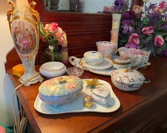 Assortment of Antique Hand Painted Dresser Set Pieces