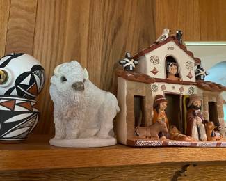 Painted Vase and Christmas Ornament made in New Mexico, White Buffalo and Native Nativity Scene from Peru