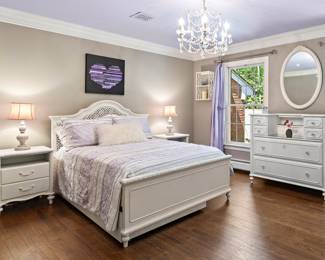Bed, Nightstand, Dresser, Mirror, Curtains, Bookshelf