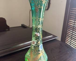 Green hand bone vase with gold paint