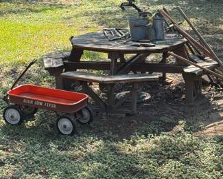 Vintage wagon, wood yard table, yard tools