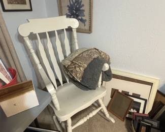 rocking chair, art work, picture frames