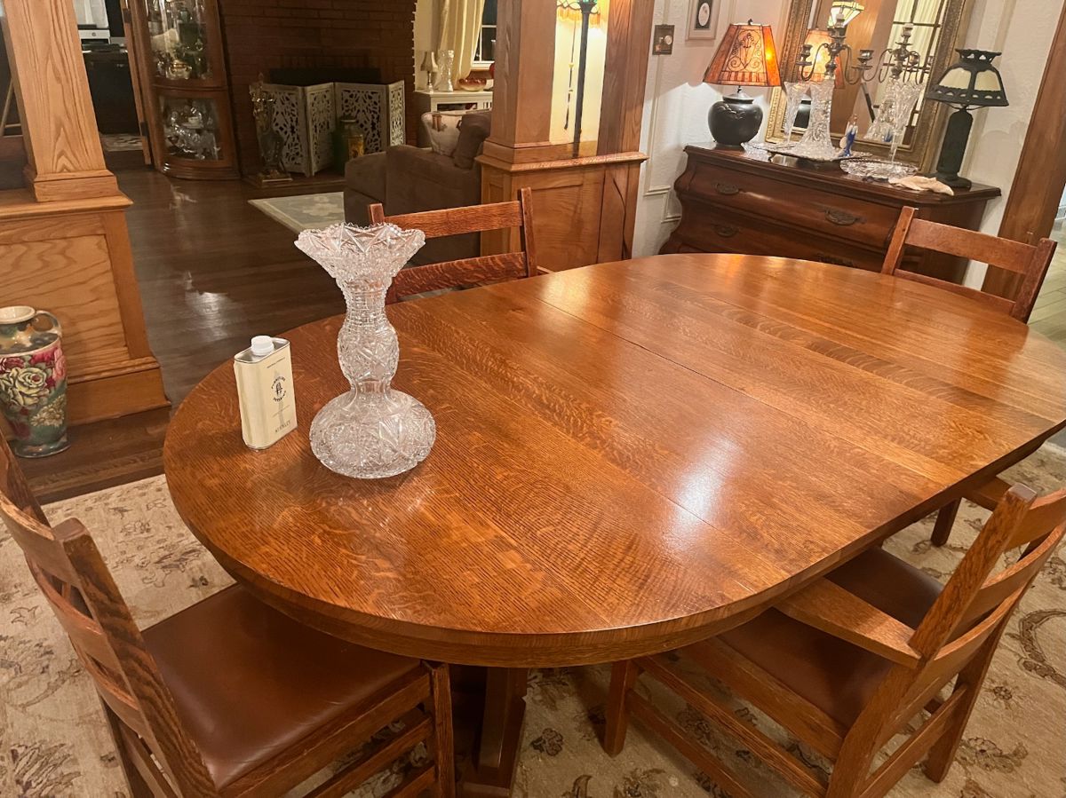 Stickley Table round or oval, showing it with 2 leaves Vase is sold.