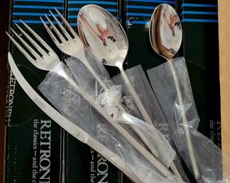 Rare and Ultra Unique Vintage Early 90's Stainless Steel Retroneu "Vertu" 25 Piece (5 Sets) Flatware Set in Boxes