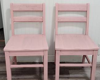 Pair of Pretty Pale Pink Vintage Wood Chairs. These very solid (heavy duty) chairs have been lovingly restored w a twist of a feminine pink wash.
OVERALL DIMENSIONS:
32 1/2" H 17 1/2" W X 19"D