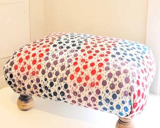 One of a Kind Joyful Vintage Fabric on An Antique Poofy Footstool
MEASUREMENTS: 11"W X 22"L X 7"H
MATERIALS: WOOD, METAL, FABRIC
CONDITION: New fabric, excellent sturdy frame and solid wire support