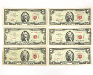 Six 1963 $2 Legal Tender Notes