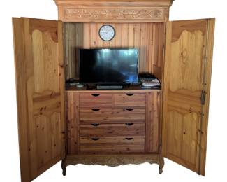 Large Solid Wood Antique Carved Armoire. 