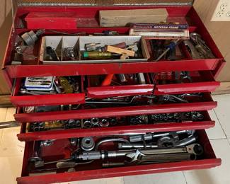 Toolbox full of hand tools, some Craftsman Brand
