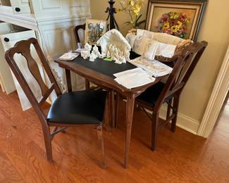vintage folding card table plus three folding chairs (Queen Anne style), wood…made by Stakmore.