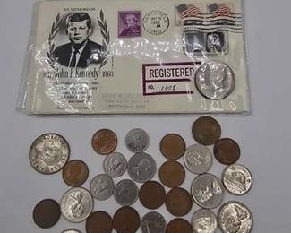 1502  90 Silver Kennedy Half Dollar and Foregin Currency 