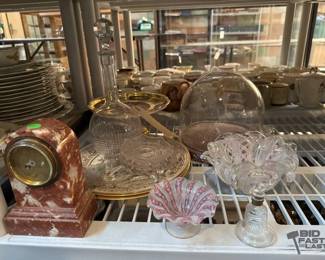 3074  Mantel Clock, Candy Dishes, Decanter, Decorative Plates 