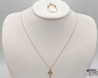 762  14k Gold Cross Necklace and Heart Pendant, 1.6g 