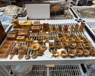 3088  Mauchline Ware Napkin Rings, Shot Glass Holder, Jewelry Box, Treen Dice Shakers, Glove Stretchers 