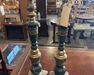 7542  Vintage Brass and Green Marble Alter Candlestick Holders 