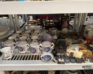 3222  Fine China Mugs, Porcelain Box, Lapel Pen, Bells 