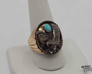 912  Native American Sterling Silver  10k Ring with Turquoise Stone, 11.7g 