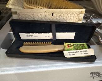 3242  Vintage Clippers, Razor, Bone Carved Box with Brush  Toiletry Bag 