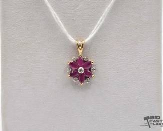 766  14k Gold Ruby and Diamond Flower Pendant, 1.4g 