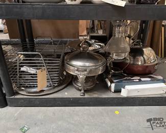 3032  Chafing Dishes, Cutlery, Bread Basket, and Platters 