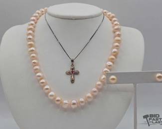 894  Sterling Silver Cross Necklace  Pearl Necklace with Matching Earrings 