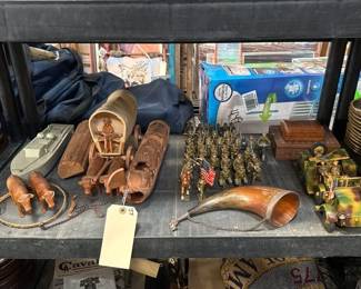 3018  Carved Boat, Covered Wagon, Toy Soldiers, Powder Horn  More 