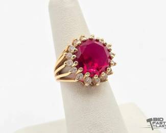 710  14k Gold Ruby and Rhinestone Ring, 9.5g 