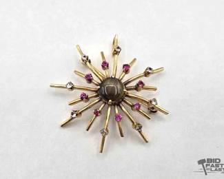 712  14k Gold Star Sapphire, Ruby  Rhinestone Brooch, 7.6g 