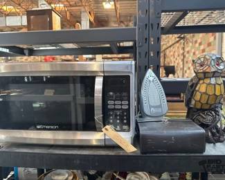 3023  Emerson Microwave, TFal Iron, Stained Glass Owl Lamp, Binoculars 