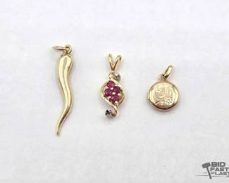 734  14k Gold Italian Horn, Locket and Ruby  Diamond Pendants, 3.1g 