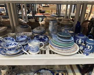 3262  Wedgewood Jasperware, Flow Blue Cups  Saucers, Tureen, Teapot 