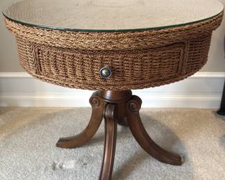 Round seagrass, glass top table.
