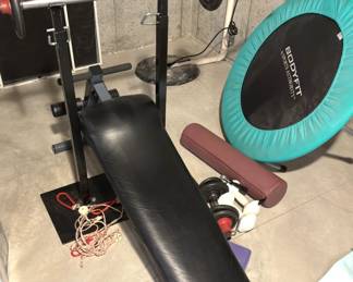 Weight set w/stands. Weight Bench, various workout equipment.