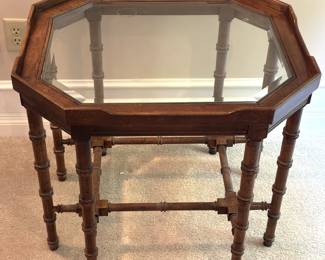 Glass top end table. 24 1/4" D x 23 1/4" W x 25" H.
