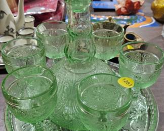 GREEN GLASSES AND DECANTER