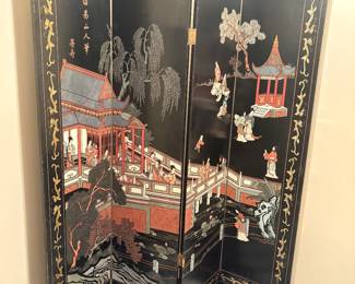 Asian black lacquer painted 4 panel room divider