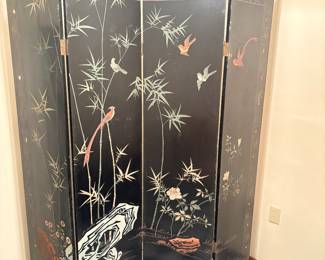 Reverse side of the Asian black lacquer painted 4 panel room divider