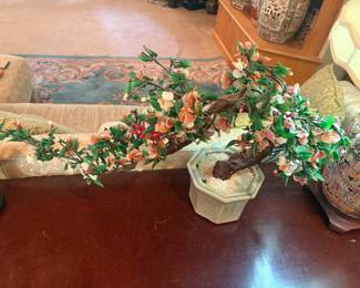 Large MCM Jadeite, Quartz, & Glass Bonsai Flower Tree. 1 of 2