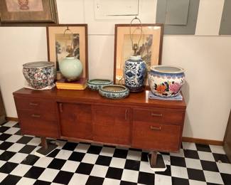 MCM Credenza
Asian Koi fishbowl planter Jardinieres 
Vintage lamps