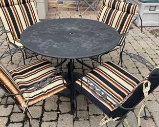 Vintage Wrought Iron Patio Table with 4 Wrought Iron Arm Chairs with Cushions 