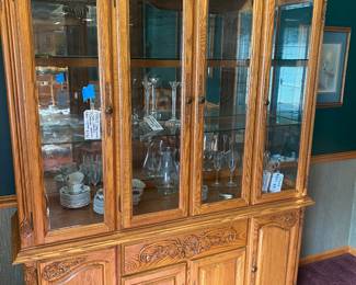 Sure Oak Carved Beveled Glass Doors, Carved Drawers Trim, Finial Top, Cabinet for Storage. Display China Cabinet