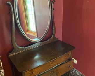 Antique Oak Swing Oval Beveled Mirror Dressing Table