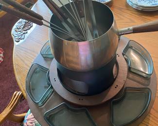 Mid Century Lazy Susan Glass Dishes Fondue Pot/Forks