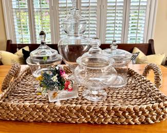 Baskets, Glasswares, antique beaded florals....