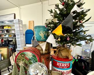 Old tins, Holiday items, enamel kitchen tables, vintage bread pans