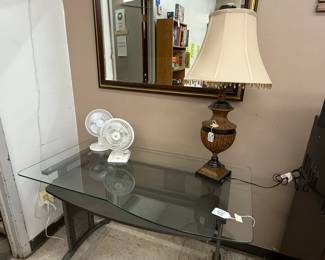 GLASS DESK AND HORCHOW LAMP