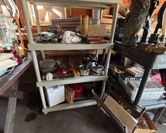 Kitchen items, vintage bread box, bread maker, apple peeler, toaster, immersion blender, waffle maker, mixer, cookware