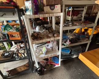 Lamp timers, light bulbs, picnic basket and random household items