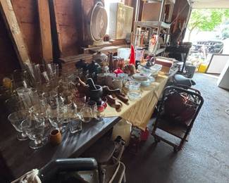 Glassware, mortar and pestle sets, small step stools, vintage cookie jar